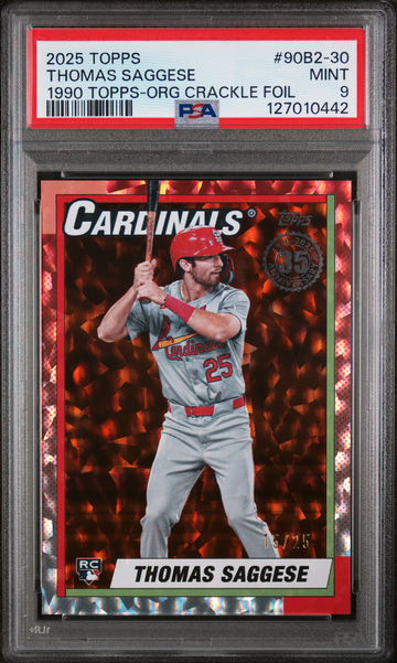 2025 Topps 1990 Topps Baseball Series 2-Orange Crackle Foil Thomas Saggese #90B2-30 /25 PSA 9
