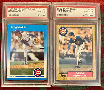 1987 Maddux Fleer Glossy PSA 9 and 1987 Topps Maddux PSA 8