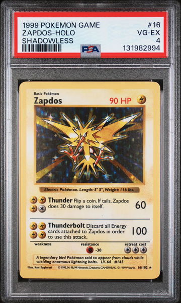 1999 Pokemon Base Set Shadowless Holo Zapdos #16 PSA 4