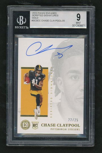 2020 Panini Encased SCS-CC Chase Claypool Scripted Signatures Gold Rookie /25 Beckett 9 Mint Pittsburgh Steelers Auto