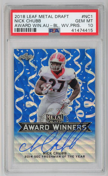 2018 Leaf Metal Draft Award Winners Blue Wave Prismatic Auto /20 Nick Chubb PSA 10