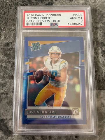 2020 Panini Donruss Justin Herbert Optic Preview Blue 097/125 PSA 10 Gem Mint