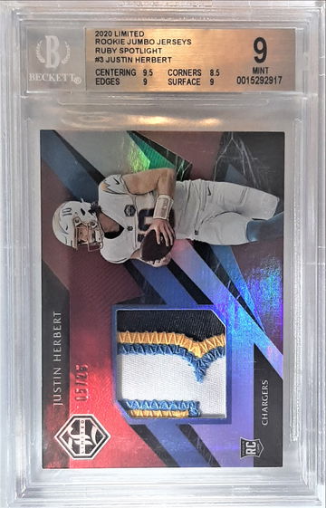 Justin Herbert 2020 Limited Rookie Jumbo Jerseys "Ruby Spotlight" /25 SSP Graded BGS 9 MINT