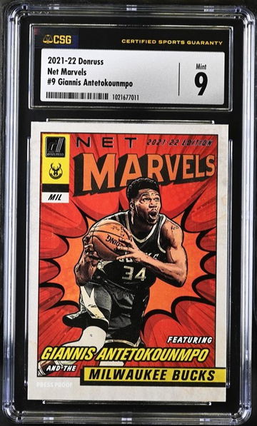 2021-22 Donruss Net Marvels Giannis Antetokounmpo #9 Press Proof Silver CSG 9
