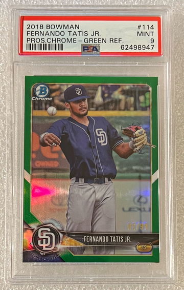 2018 Bowman Chrome Fernando Tatis Jr. RC #’d /99 Prospects Green Refractor SP PSA 9 MINT