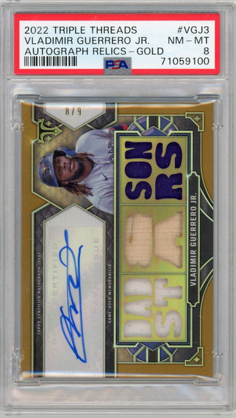 2022 Triple Threads Vladimir Guerrero Jr. Autograph Relics Gold #'d 8/9 PSA 8 Blue Jays