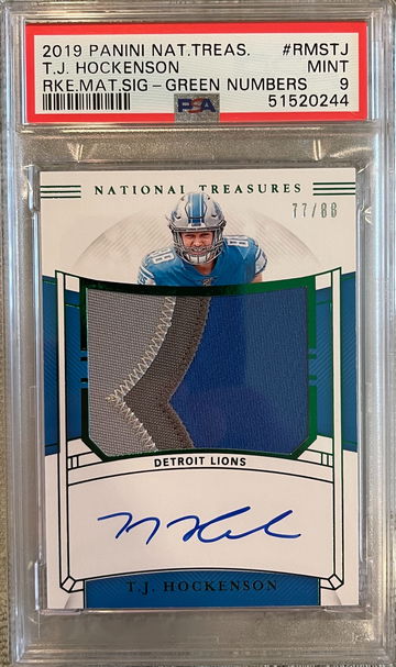 2019 Panini National Treasures TJ Hockenson (T.J. Hockenson) Rookie Materials Signatures Green Numbers /88 PSA 9