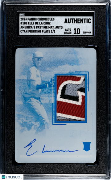 2023 Panini Chronicles Elly De La Cruz #106 America's Pastime Mat. Autograph Cyan Printing Plate 1 1 SGC A Auto 10