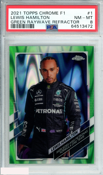 2021 TOPPS CHROME F1 LEWIS HAMILTON #1 GREEN RAYWAVE REFRACTOR 27 OF 99 PSA 8
