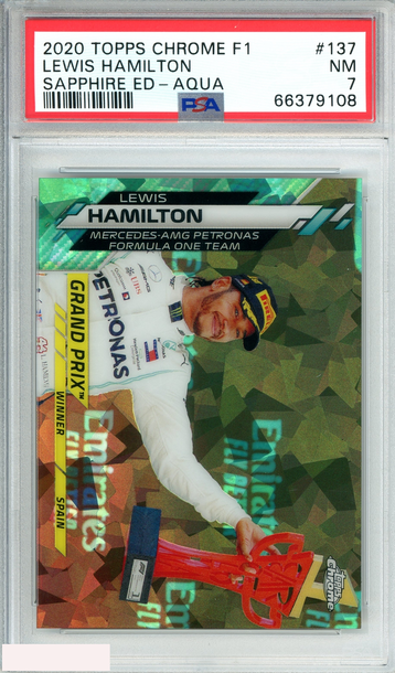 2020 TOPPS CHROME F1 LEWIS HAMILTON #137 SAPPHIRE ED-AQUA 90 OF 99 PSA 7 NM