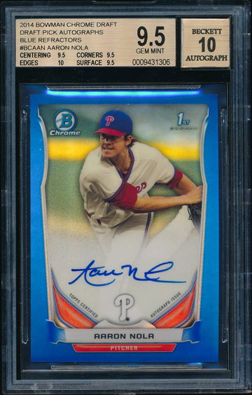 2014 Bowman Chrome Draft Aaron Nola Blue Refractor Auto /150 - BGS 9.5 Gem Mint