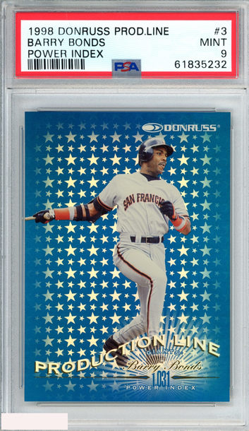 1998 DONRUSS PRODUCTION LINE BARRY BONDS #3 POWER INDEX 97 OF 1031 PSA 9 MINT