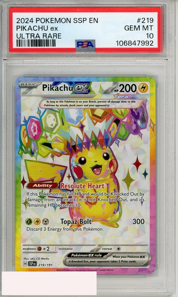 2024 POKEMON SSP EN-SURGING SPARKS PIKACHU EX #219 ULTRA RARE PSA 10