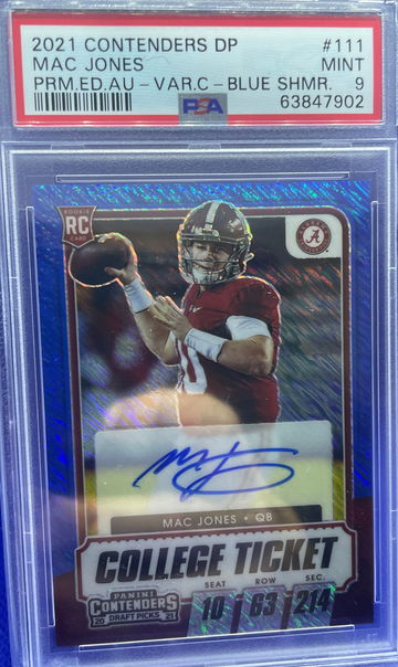 2021 Panini Contenders Draft Mac Jones Blue Shimmer C Auto /27 PSA 9 Mint POP 1