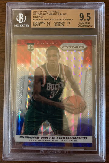 Amazing, rare Giannis Antetounmpo Pulsar rookie. BGS 9.5  2013-14 Panini Prizm Priams Red, White, Blue Mosaic