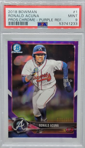 2018 BOWMAN #1 RONALD ACUNA PROS. CHROME - PURPLE REF. PSA 9