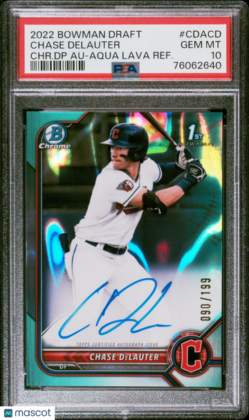 2022 Bowman Draft Chrome Draft Pick Autographs Chase Delauter #CDACD AQUA LAVA REF. PSA 10