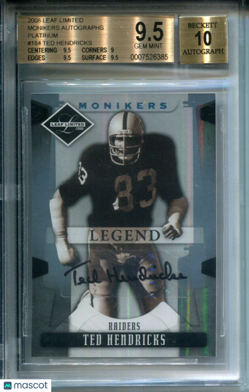 2008 Leaf Limited Monikers Autographs Platinum Ted Hendricks #184 BGS 9.5 Auto 10