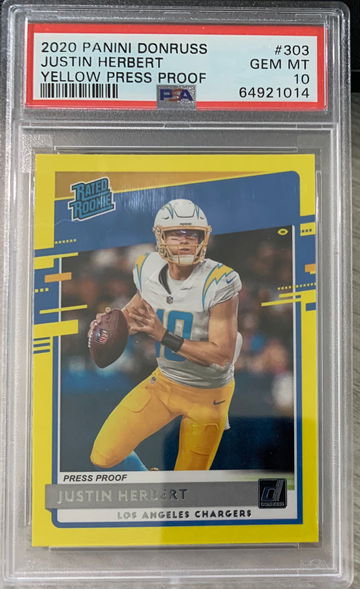 2020 Panini Donruss Justin Herbert Press Proof Yellow PSA 10