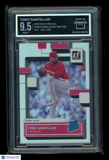 2022 Panini Donruss Rated Rookie Career Stat Line Tony Santillan #31 /291 Rated Rookie Arena Club 9.5