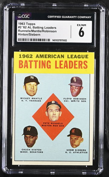 1963 TOPPS '62 AL BATTING LEADERS RUNNELS/MANTLE/ROBINSON HINTON/SIEBERN #2 CGC 6 BS.B1.14