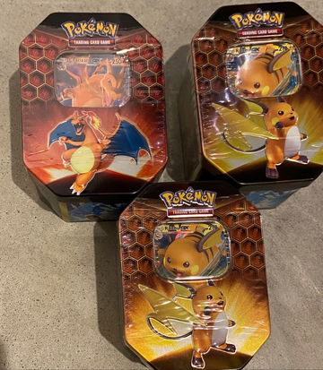(3x) Pokemon Hidden Fates Tins - Sealed with Charizard & (2) Raichu