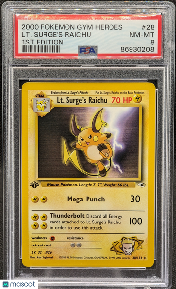 2000 Pokemon Gym Heroes Lt. Surge's Raichu #28 1st Edition PSA 8