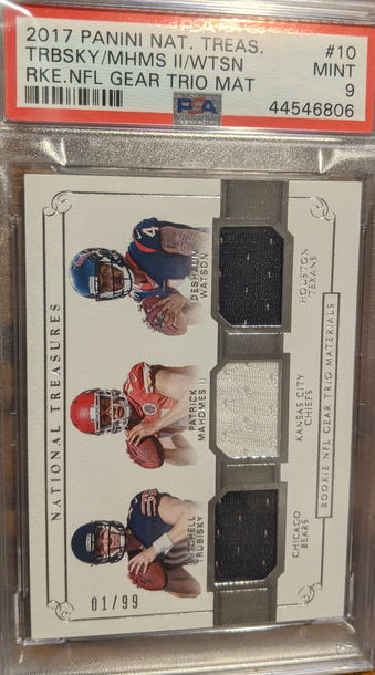 2017 National Treasures Rookie NFL Gear Trio Mahomes Watson Trubisky 1/99 PSA MINT