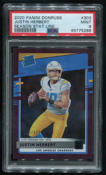 2020 Donruss Justin Herbert Rated Rookie Season Stat Line PSA 9