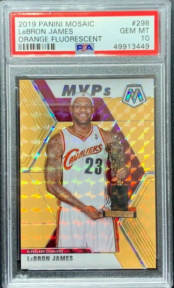 2019 Mosaic Orange Fluorescent Prizm MVPs #298 Lebron James /25 PSA 10
