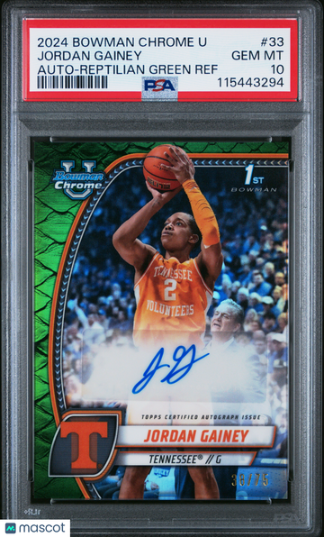 2024 Bowman Chrome University Jordan Gainey #33 Auto Reptilian Green Ref PSA 10