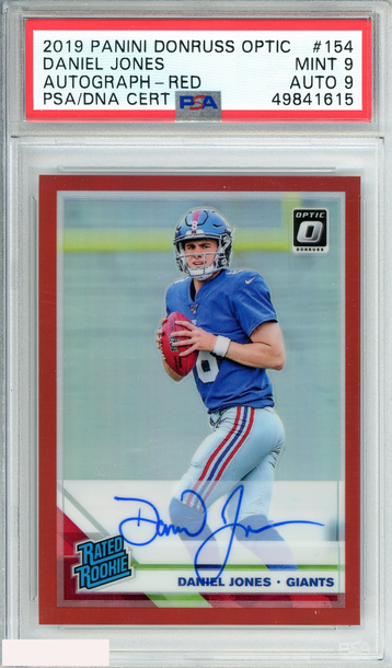 2019 PANINI DONRUSS OPTIC DANIEL JONES #154 AUTO-RED 13 OF 50 RC PSA 9 AUTO 9