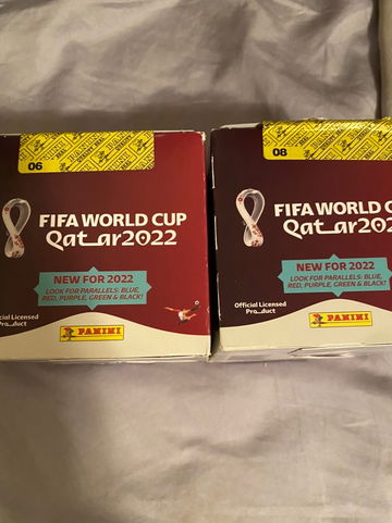 2022 Panini FIFA World Cup Soccer Sticker Boxes.  Each sealed box (yellow panini seal) contains 50 packets of 5 cards 