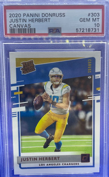 2020 Panini Donruss JUSTIN HERBERT RC Rated Rookie Canvas #303 PSA 10 GEM MINT SP