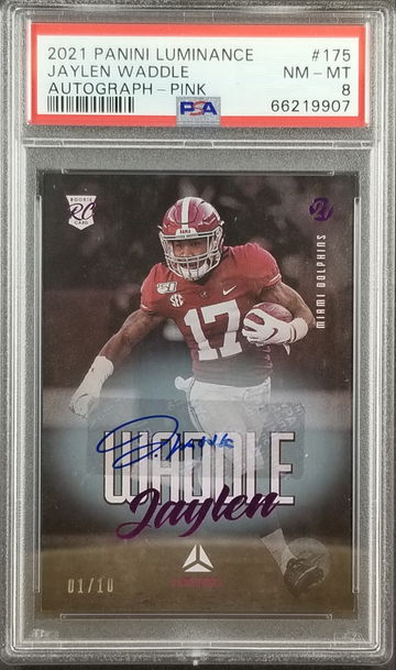2021 Panini Luminance Jaylen Waddle Rookie RC Auto - Pink #1/10 PSA 8 NM-MT