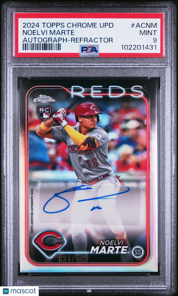 2024 Topps Chrome Update Chrome Baseball Update Series Autographs Noelvi Marte #ACNM Refractor /499 PSA 9