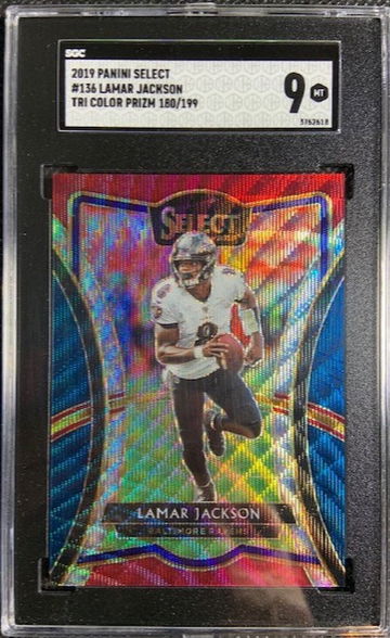 LAMAR JACKSON 2019 PANINI SELECT PREMIER LEVEL TRI COLOR PRIZM /199 SGC 9 MINT