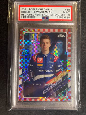 2021 Topps Chrome F1 Robert Shwartzman Red Checker Flag /5 PSA 9