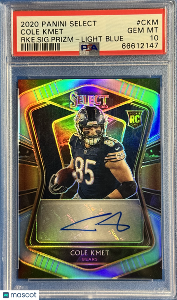 2020 Panini Select Rookie Signatures Cole Kmet #CKM RKE. SIG. Prizm Light Blue PSA 10