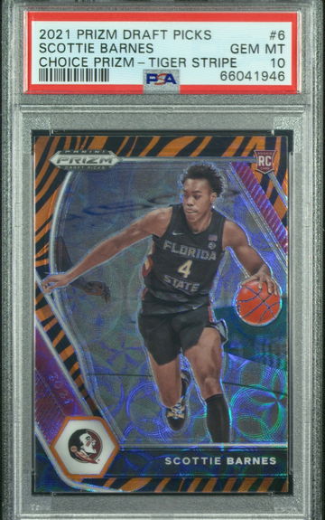 2021 Panini Prizm Draft Choice Scottie Barnes Tiger Stripe RC PSA 10 Gem Mint SP