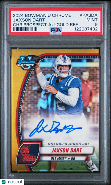 2024 Bowman University Chrome Bowman Chrome Prospect Autographs Jaxson Dart #PAJDA Gold Ref /50 PSA 9 Bowman