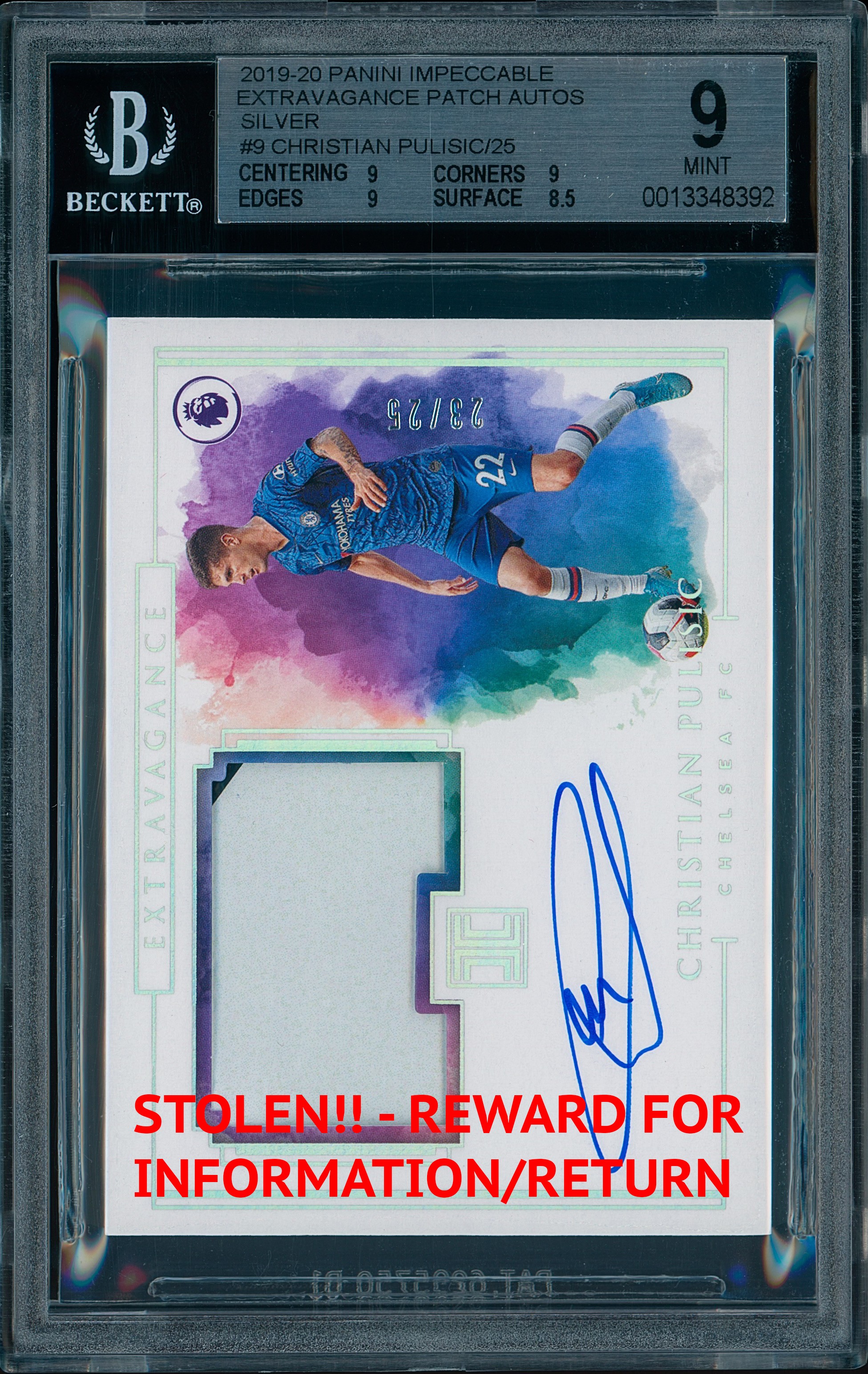 2019-20 Impeccable Extravagance Christian Pulisic Patch Jersey Auto Silver /25 - STOLEN/MISSING