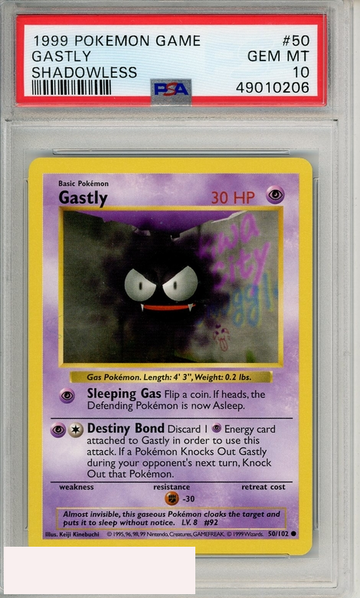 1999 POKEMON GAME GASTLY #50 SHADOWLESS PSA 10 GEM MT