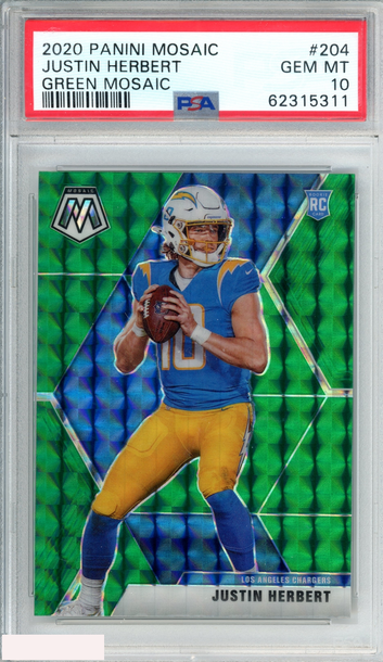 2020 PANINI MOSAIC JUSTIN HERBERT #204 GREEN MOSAIC ROOKIE RC PSA 10 GEM MT