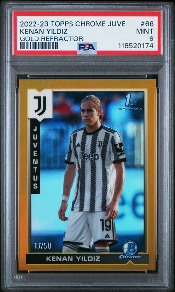 2022-23 TOPPS CHROME JUVENTUS KENAN YILDIZ #/50 GOLD #66 RC ROOKIE PSA 9