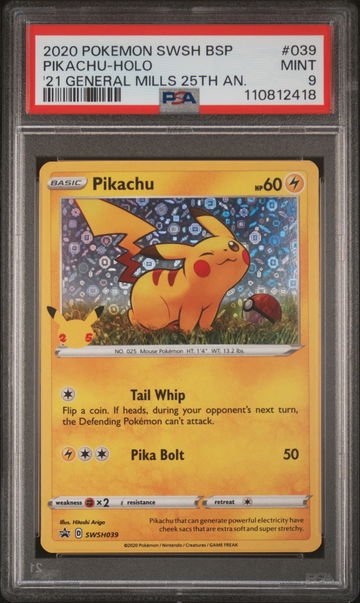 2020 Pokemon Sword and Shield Black Star Promo '21 General Mills 25th Anniversary Holo Pikachu #039 PSA 9