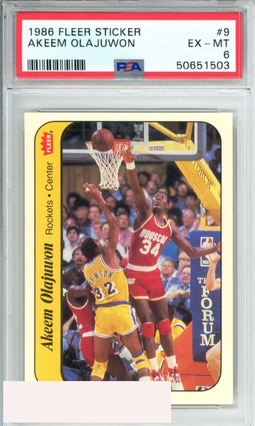 1986 FLEER STICKER AKEEM OLAJUWON #9 HOUSTON ROCKETS ROOKIE RC PSA 6 EX-MT