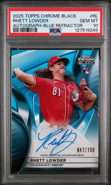 2025 Topps Chrome Black Autographs Blue Refractor Rhett Lowder #RL /150 PSA 10