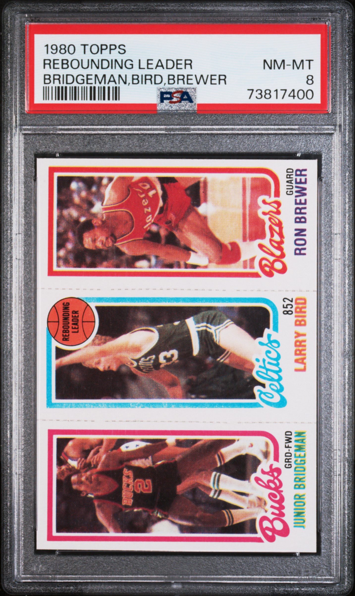 1980 Topps Rebounding Leader Larry Bird RC Junior Bridgeman Ron Brewer PSA 8