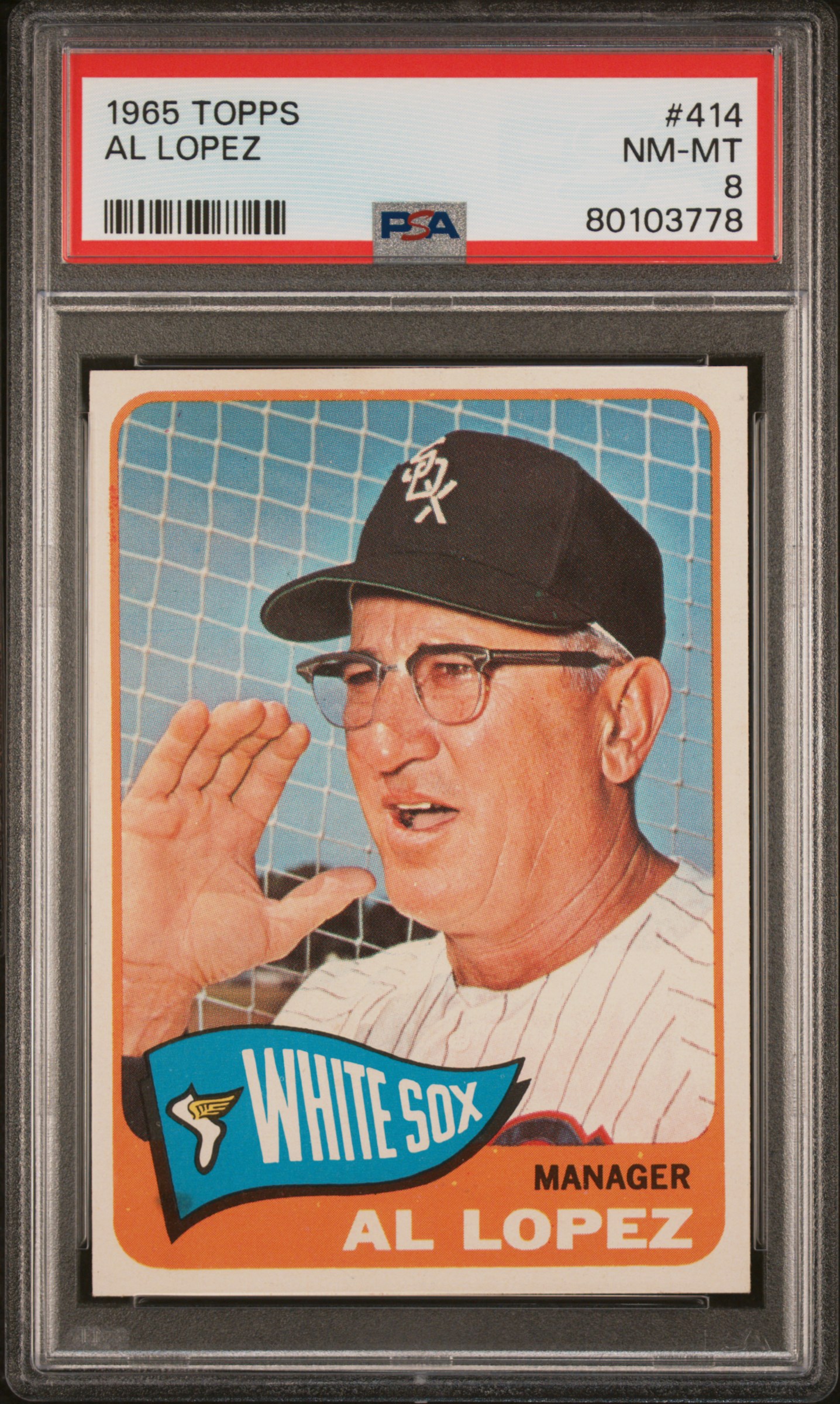 1965 Topps Al Lopez #414 PSA 8 NEW LABEL VINTAGE BASEBALL